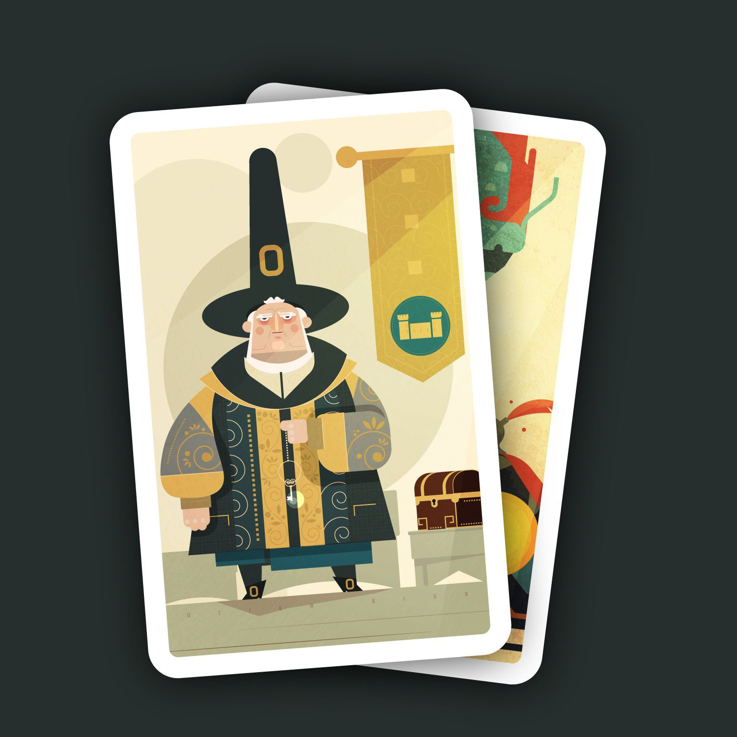 Cette illustration de style plat et géométrique présente un personnage d'intendant austère portant un chapeau haut-de-forme pointu et une robe ornée de motifs complexes. L'homme tient une clé argentée et se tient près d'un coffre au trésor en bois, sous une bannière jaune marquée d'un château. Cette image est parfaitement adaptée pour servir de carte de personnage dans un jeu de société de stratégie, d'illustration pour un livre de contes médiévaux ou d'élément visuel pour une présentation sur la gestion de patrimoine historique.
L'image en gros plan met l'accent sur les détails graphiques du visage sévère de l'intendant et sur la texture des tissus de ses vêtements de notable. On y distingue mieux les arabesques dorées et les symboles circulaires qui décorent sa tenue officielle, ainsi que le médaillon de la bannière en arrière-plan. Ce zoom est idéal pour une icône de profil d'avatar dans une interface de jeu vidéo, une infographie détaillée sur le design de personnages ou une vignette promotionnelle sur un site de portfolio d'illustrateur.