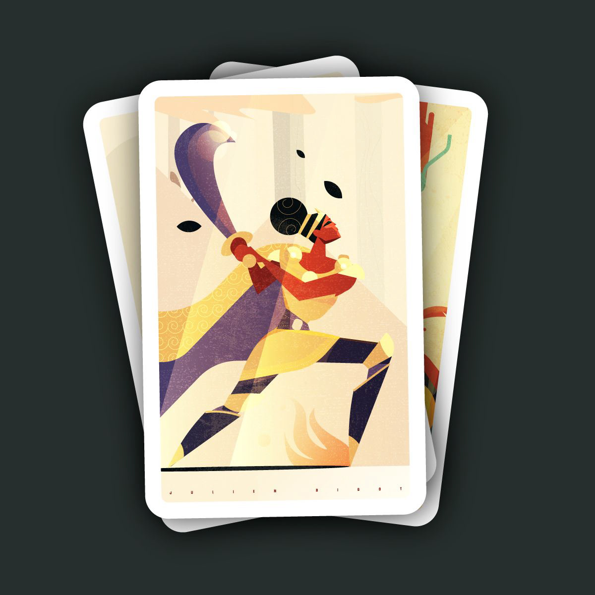 Illustration vectorielle texturée d'une guerrière en armure dorée brandissant un immense sabre courbe. Le personnage est figé dans une pose dynamique de combat, enveloppé d'une cape violette aux motifs en spirale. Ce visuel au style "flat design" est parfait pour illustrer des cartes de jeux de société d'aventure, des personnages de jeux de rôle (RPG), ou des couvertures de romans d'heroic fantasy.