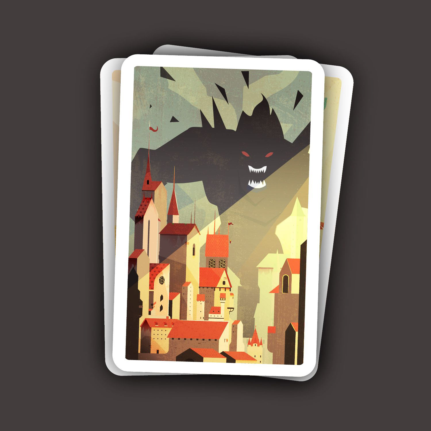 Illustration vectorielle texturée format carte de jeu représentant une ville médiévale sous la menace d'un monstre d'ombre géant. La créature aux yeux rouges et dents pointues domine les toits rouges de la cité avec une esthétique flat design. Ce visuel est idéal pour l'illustration de jeux de société, couvertures de romans fantasy, supports de communication événementielle ou infographies ludiques.
