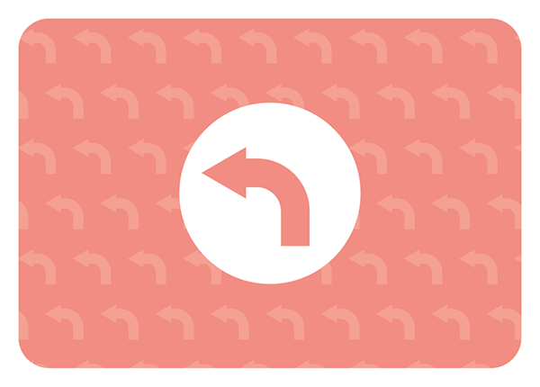 Une carte rose saumon avec un fond texturé de flèches pointant vers la gauche. Un cercle blanc au milieu contient une flèche courbe indiquant la direction gauche.