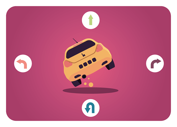 Une illustration vectorielle sur fond violet montrant l'arrière d'une voiture jaune entourée de quatre icônes circulaires indiquant les directions : haut, bas, gauche et droite.