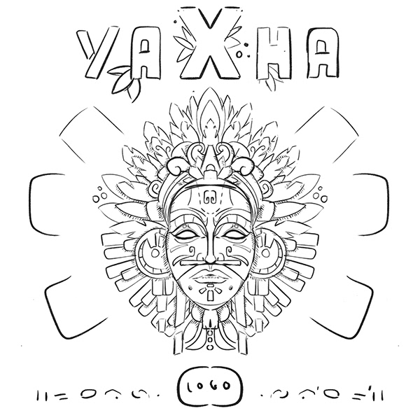 Design détaillé d'un masque rituel maya avec une coiffe florale complexe et des pétales stylisés.  Illustration de Julien Bigot