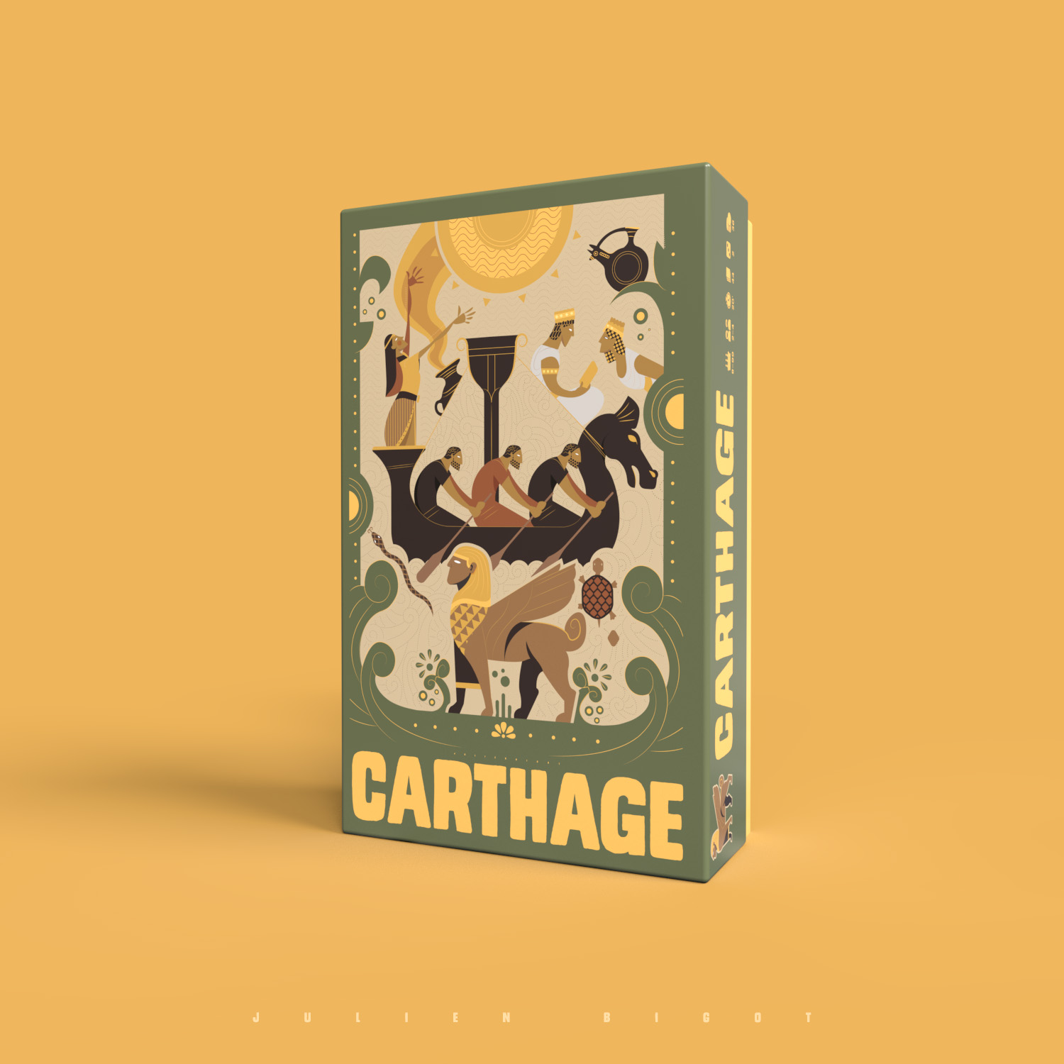 L'image présente une boîte de jeu de société intitulée Carthage sur un fond jaune uni. L'illustration sur le couvercle adopte un style artistique antique inspiré des fresques méditerranéennes. On y voit une galère phénicienne avec des rameurs en plein effort. Un sphinx ailé et des personnages en toges complètent cette scène historique. Les couleurs dominantes sont le vert sauge, le crème et le jaune ocre. Cette illustration est parfaite pour un site de jeux de société ou un portfolio de graphisme. C'est un exemple pour des projets d'édition, des présentations sur l'histoire ancienne du travail de Julien Bigot, Illustrateur & Concepteur de Matériel de Jeu