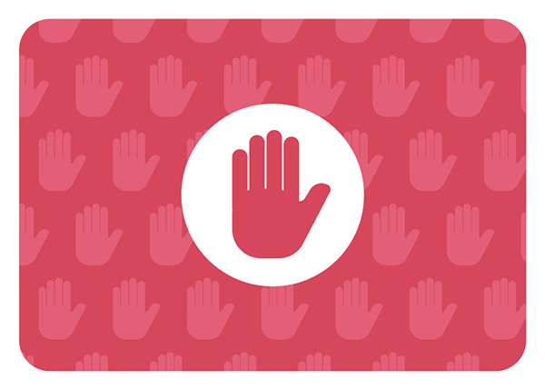 Dos de carte rouge vif présentant un motif de mains levées en arrière-plan. Au centre, une main ouverte dans un cercle blanc symbolise l'arrêt ou l'interdiction.