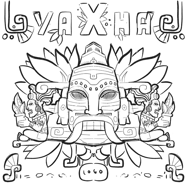 Esquisse de couverture Yaxha largement inspirée de l'iconographie maya avec un masque central entouré de personnages et de motifs floraux au trait. Illustration de Julien Bigot