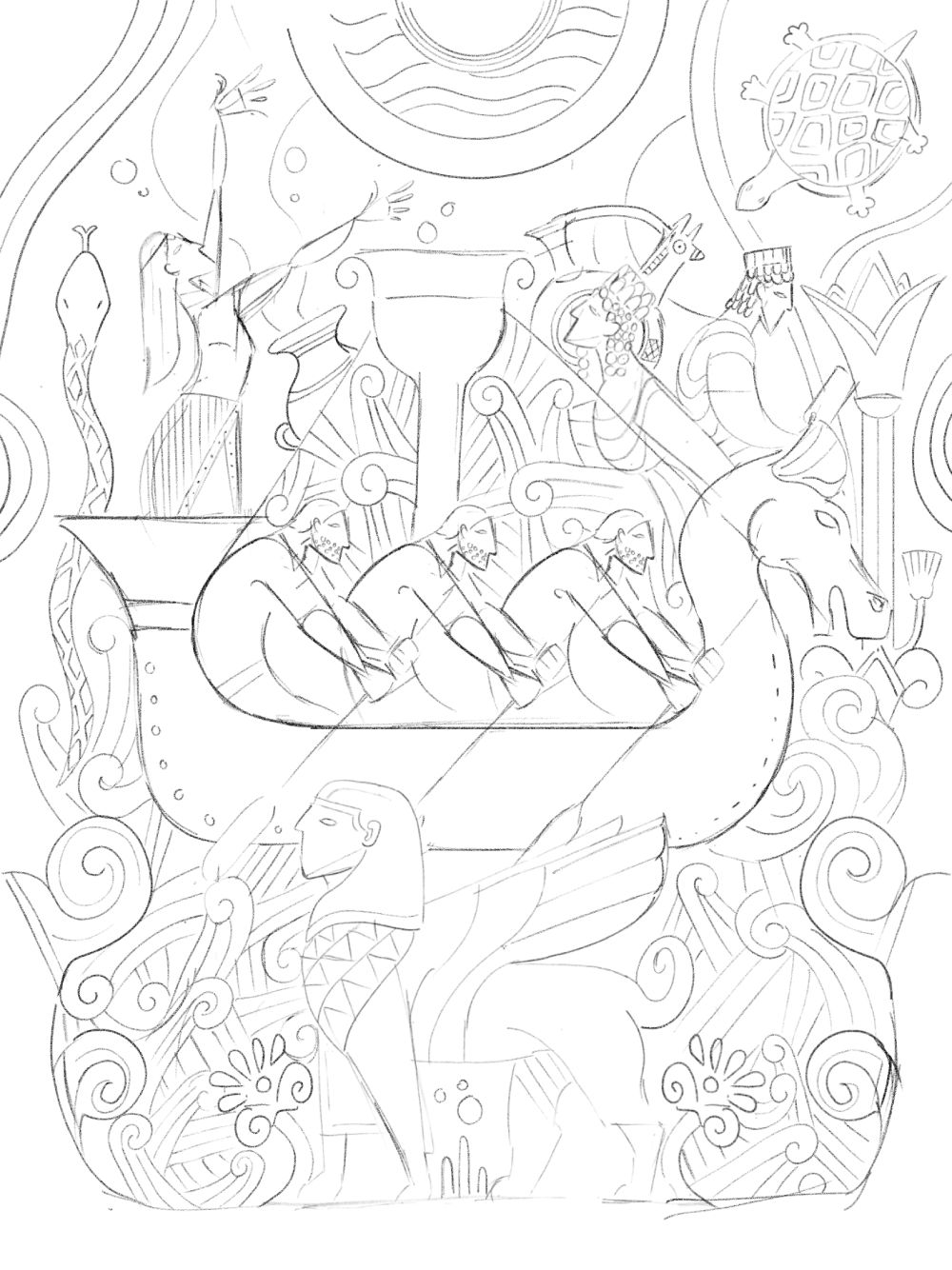 Une illustration vectorielle de style antique représentant une scène maritime carthaginoise ou phénicienne sur un fond texturé ocre. Au centre, une galère noire avec trois rameurs en mouvement navigue au-dessus d'un grand sphinx ailé et couronné. En haut à gauche, une prêtresse lève les bras vers un soleil rayonnant, tandis qu'à droite, deux personnages royaux discutent. L'ensemble est richement décoré de motifs de vagues, d'un serpent, d'une tortue et de volutes végétales dans une palette de vert sauge, de noir et de jaune.