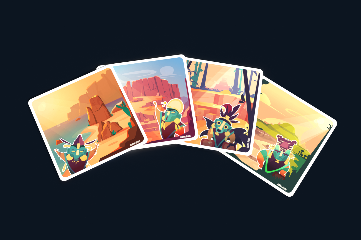 Vue en éventail de quatre cartes illustrées du jeu de société Yaxha, représentant des personnages masqués de style maya dans différents paysages colorés (plage, canyon, jungle avec pyramide, rivière). Le style est un flat design aux couleurs chaudes avec des bordures blanches, sur un fond noir. Le nom de l'illustrateur "Julien Bigot" est visible sur chaque carte.